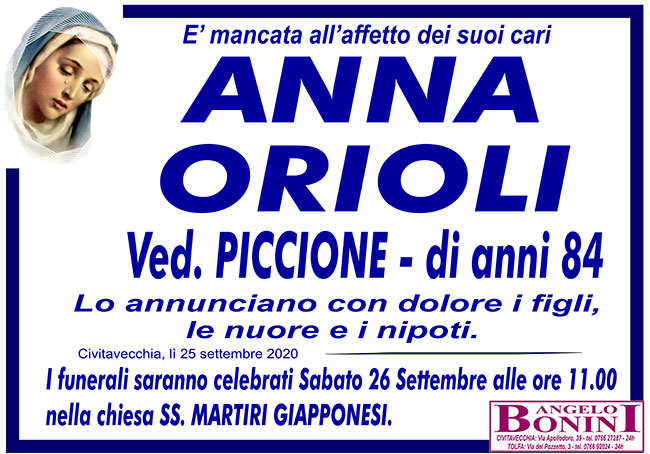 ANNA ORIOLI ved. PICCIONE – di anni 84