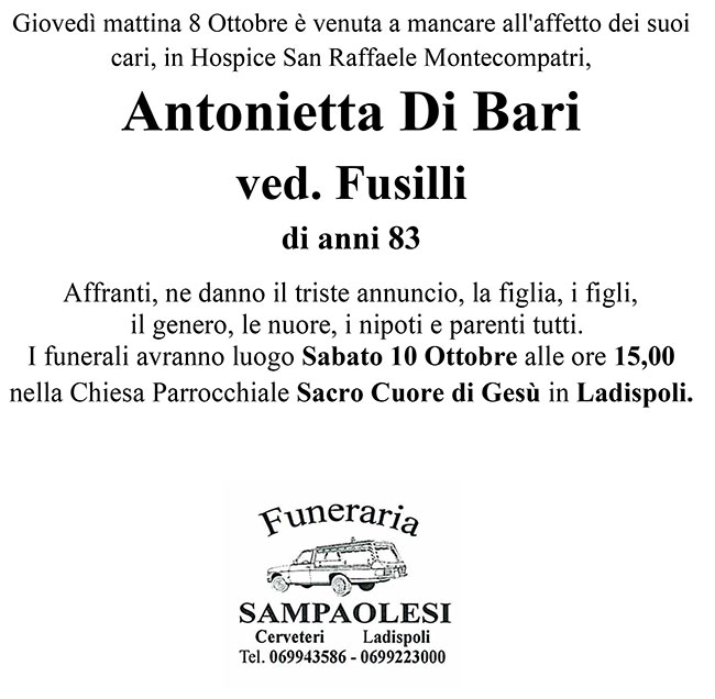 ANTONIETTA DI BARI ved. FUSILLI di anni 83