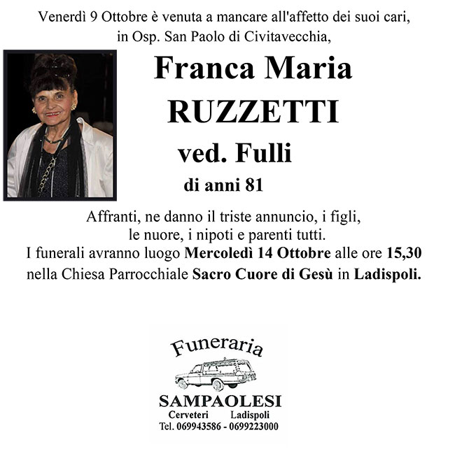 FRANCA MARIA RUZZETTI ved. FULLI di anni 81