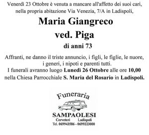MARIA GIANGRECO ved. PIGA di anni 73