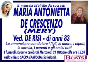 MARIA ANTONIETTA DE CRESCENZO (MERY) ved. DE RISI di anni 83