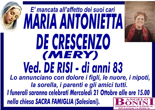 MARIA ANTONIETTA DE CRESCENZO (MERY) ved. DE RISI di anni 83