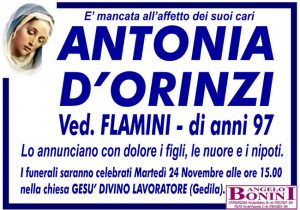 ANTONIA D’ORINZI ved. FLAMINI di anni 97