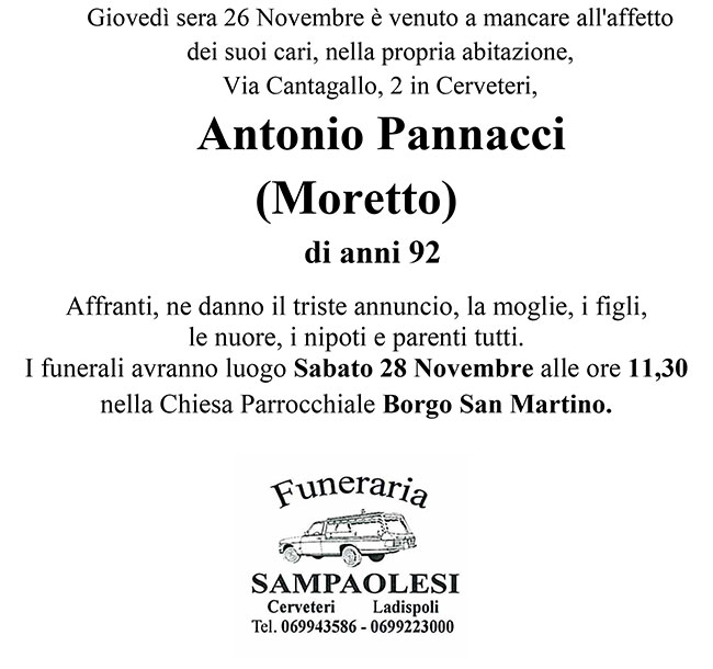 ANTONIO PANNACCI (MORETTO) di anni 92