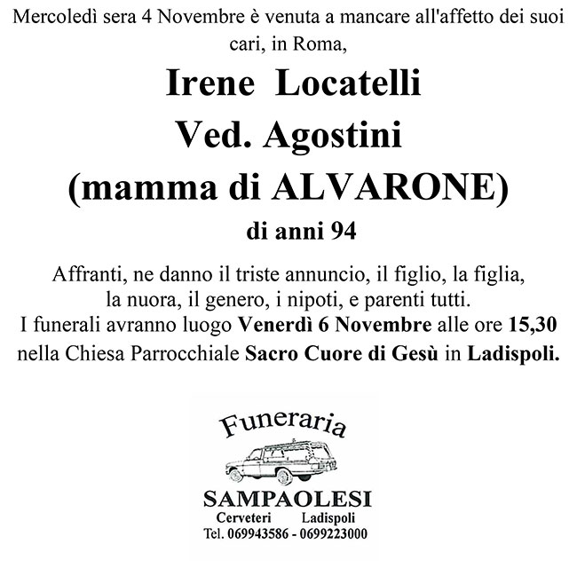 IRENE LOCATELLI ved. AGOSTINI (Mamma di Alvarone) di anni 94