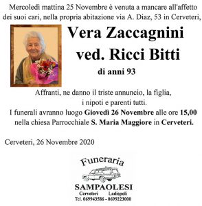 VERA ZACCAGNINI ved. RICCI BITTI di anni 93