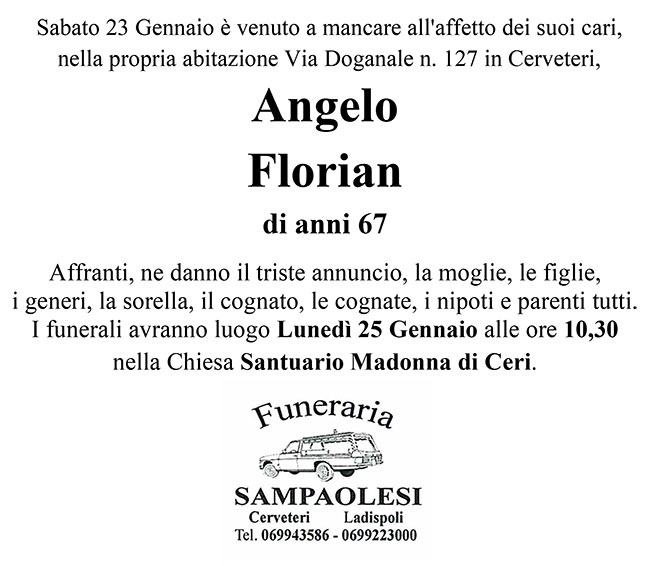 ANGELO FLORIAN di anni 67