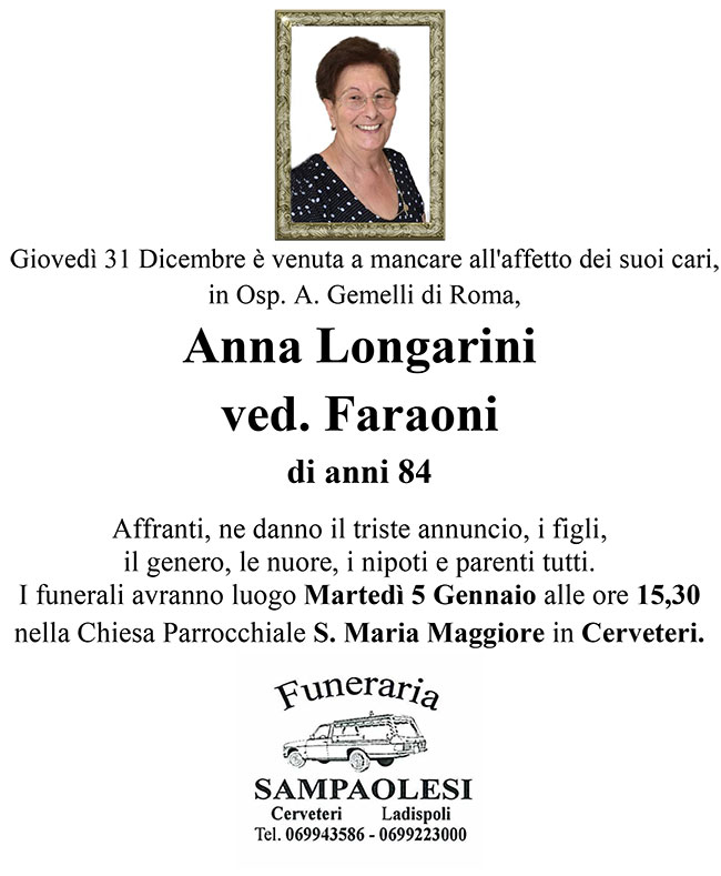 ANNA LONGARINI ved. FARAONI di anni 84