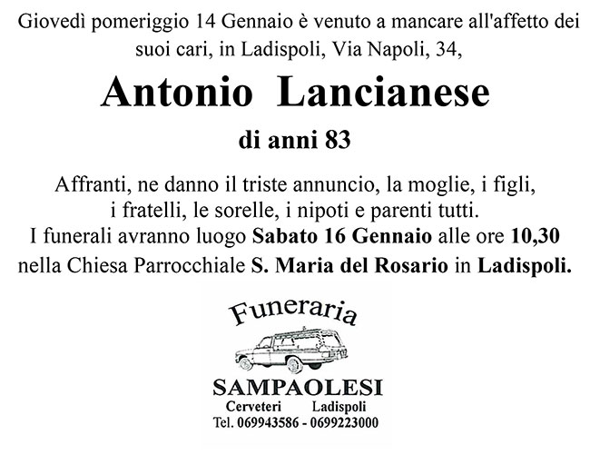 ANTONIO LANCIANESE di anni 83
