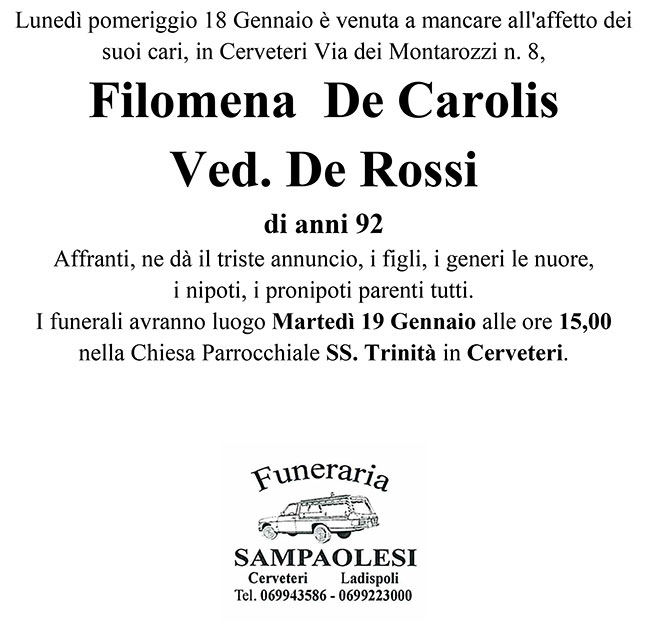 FILOMENA DE CAROLIS ved. DE ROSSI di anni 92