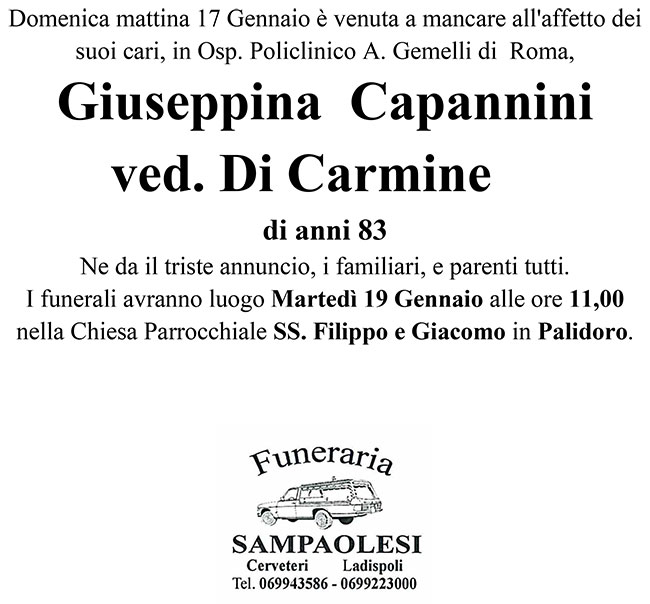 GIUSEPPINA CAPANNINI ved. DI CARMINE di anni 83