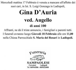 GINA D’AURIA ved. AUGELLO di anni 100