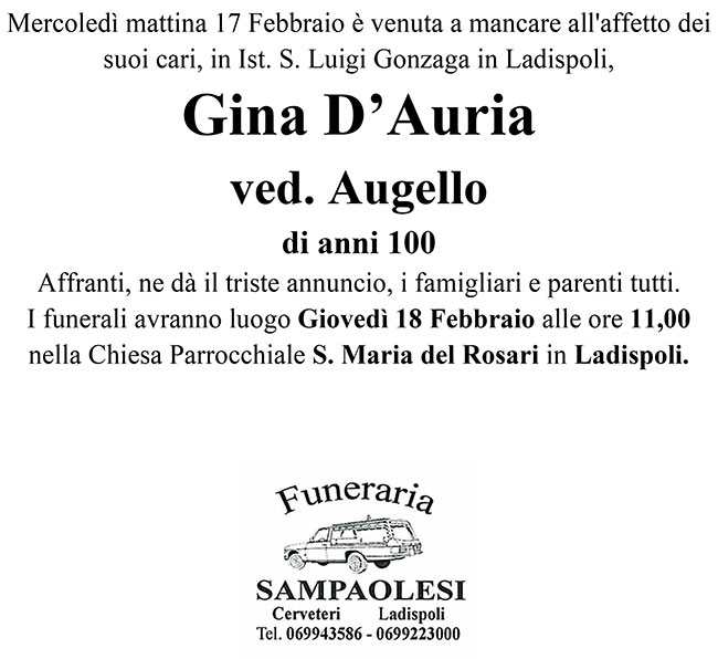 GINA D’AURIA ved. AUGELLO di anni 100