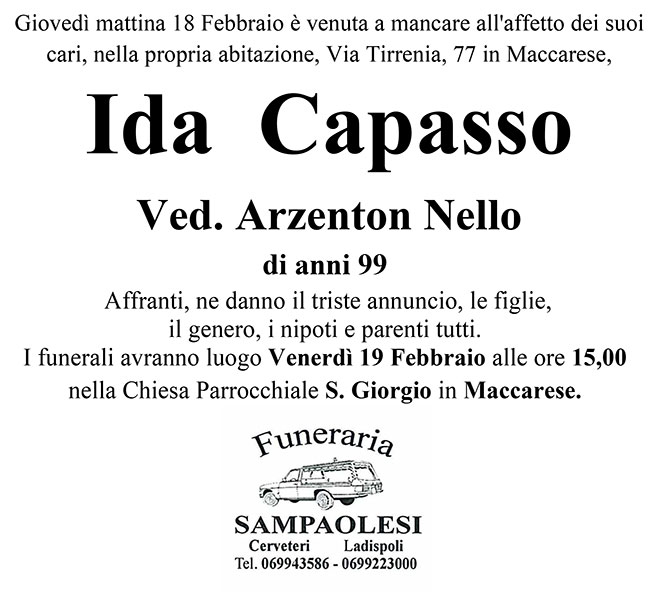 IDA CAPASSO ved. NELLO ARZENTON di anni 99