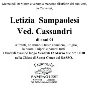 LETIZIA SAMPAOLESI ved. CASSANDRI di anni 91