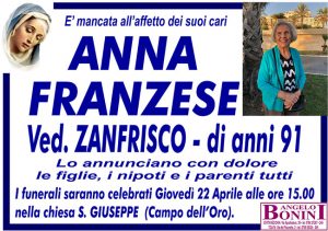 ANNA FRANZESE ved. ZANFRISCO di anni 91