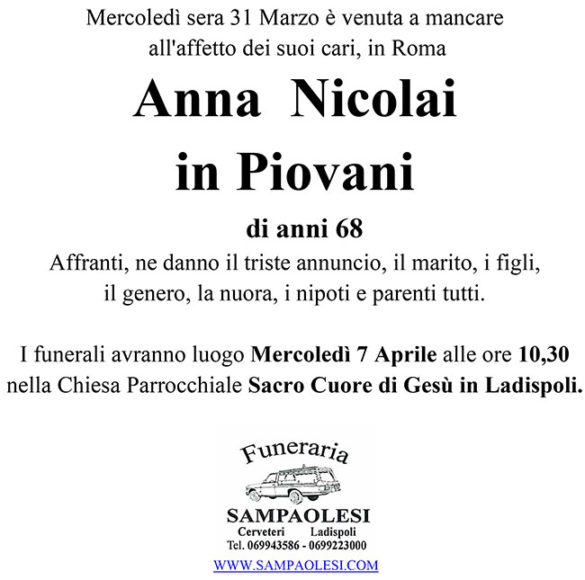 ANNA NICOLAI in PIOVANI di anni 68