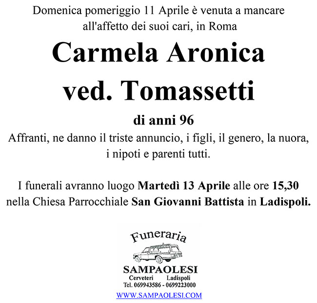 CARMELA ARONICA ved. TOMASSETTI di anni 96