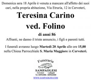 TERESINA CARINO ved. FOLINO di anni 86