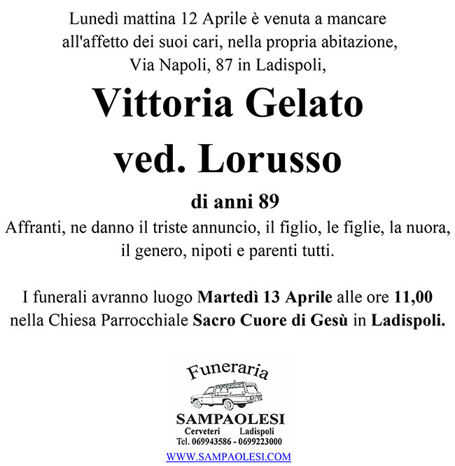 VITTORIA GELATO ved. LORUSSO di anni 89