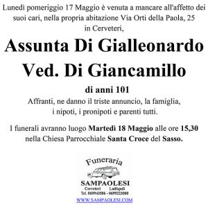 ASSUNTA DI GIALLEONARDO ved. DI GIANCAMILLO di anni 101