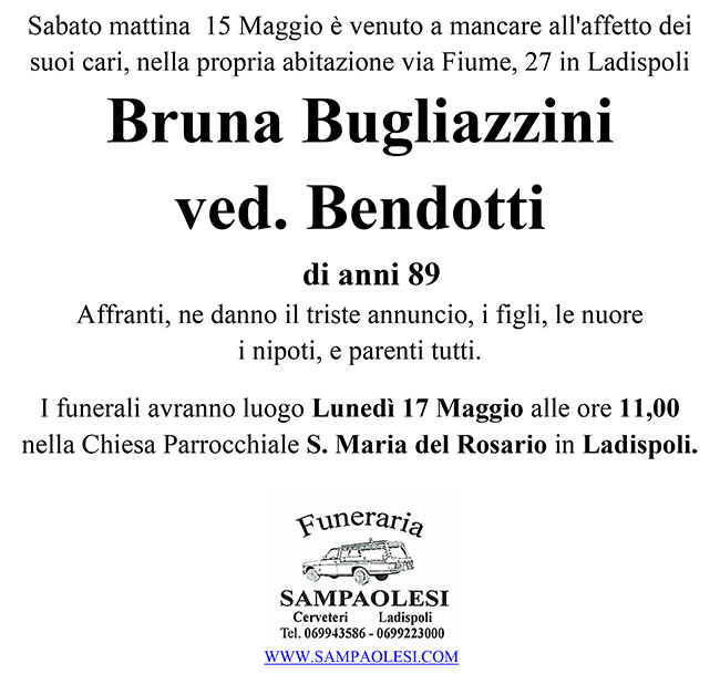 BRUNA BUGLIAZZINI ved. BENDOTTI di anni 89