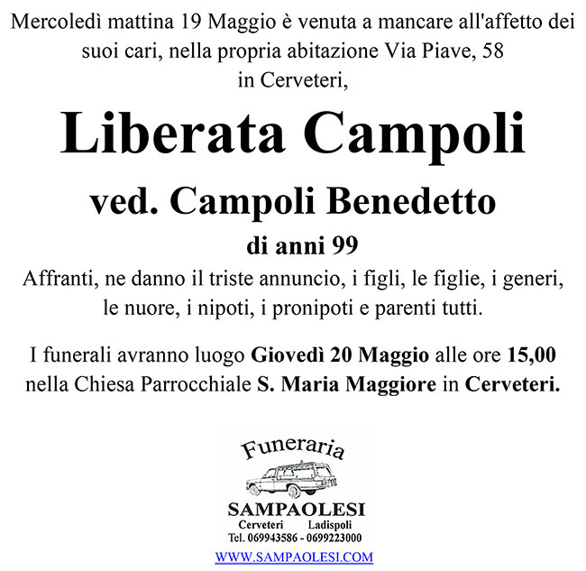 LIBERATA CAMPOLI ved. BENEDETTO CAMPOLI di anni 99