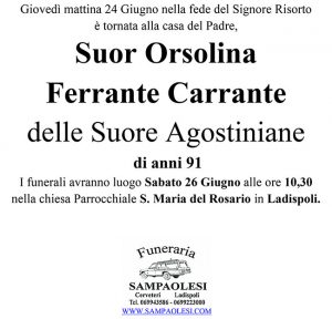 Suor ORSOLINA FERRANTE CARRANTE delle Suore Agostiniane di anni 91