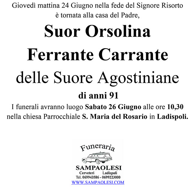 Suor ORSOLINA FERRANTE CARRANTE delle Suore Agostiniane di anni 91