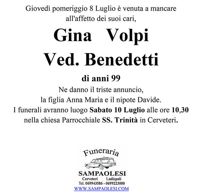 GINA VOLPI ved. BENEDETTI di anni 99