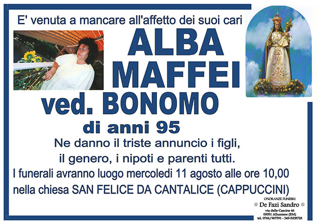 ALBA MAFFEI Ved. BONOMO di anni 95