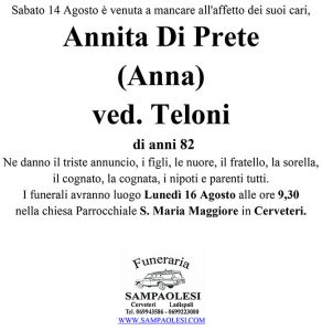 ANNITA DI PRETE (ANNA) Ved. TELONI di anni 82