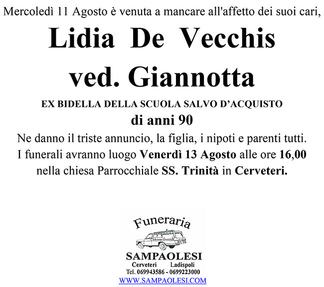 LIDIA DE VECCHIS Ved. GIANNOTTA di anni 90