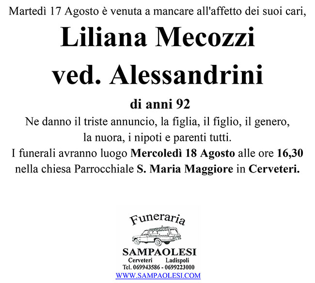 LILIANA MECOZZI ved.  ALESSANDRINI di anni 92