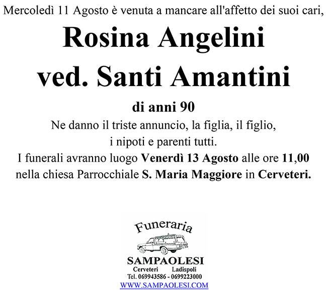ROSINA ANGELINI Ved. SANTI AMANTINI di anni 90