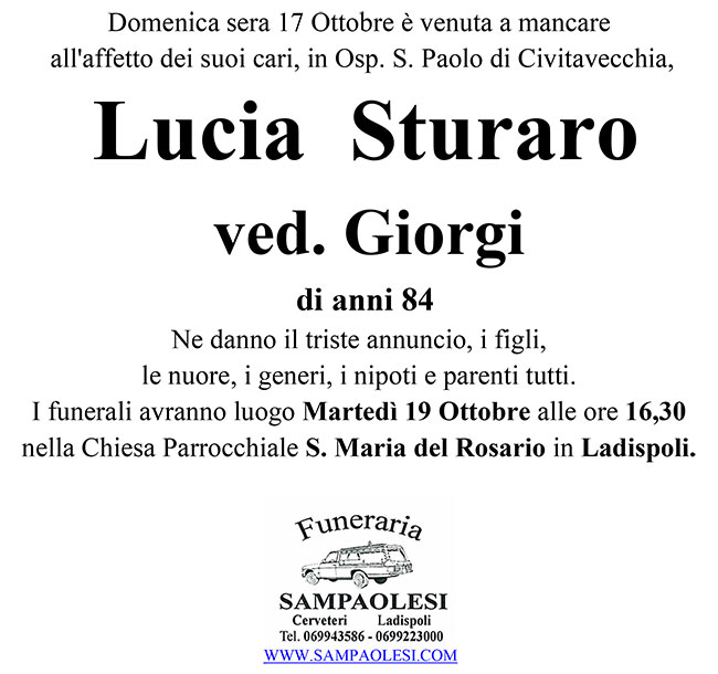 LUCIA STURARO ved. GIORGI di anni 84