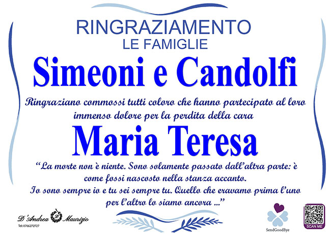 MARIA TERESA SIMEONI – Ringraziamento