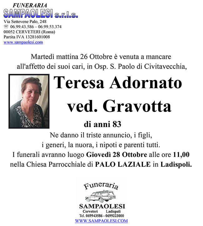 TERESA ADORNATO ved. GRAVOTTA di anni 83