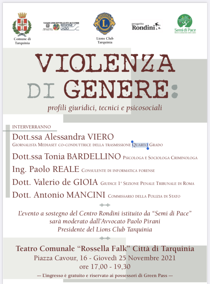 VIOLENZA DI GENERE Oggi a Tarquinia si parla di profili giuridici,  tecnici e psicosociali