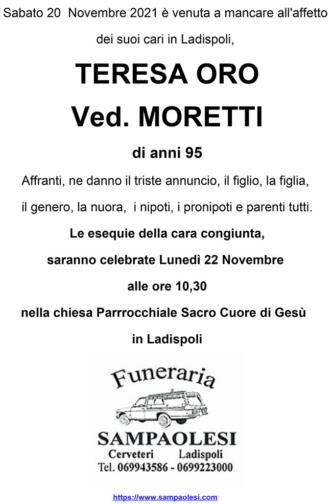 TERESA ORO ved. MORETTI di anni 95