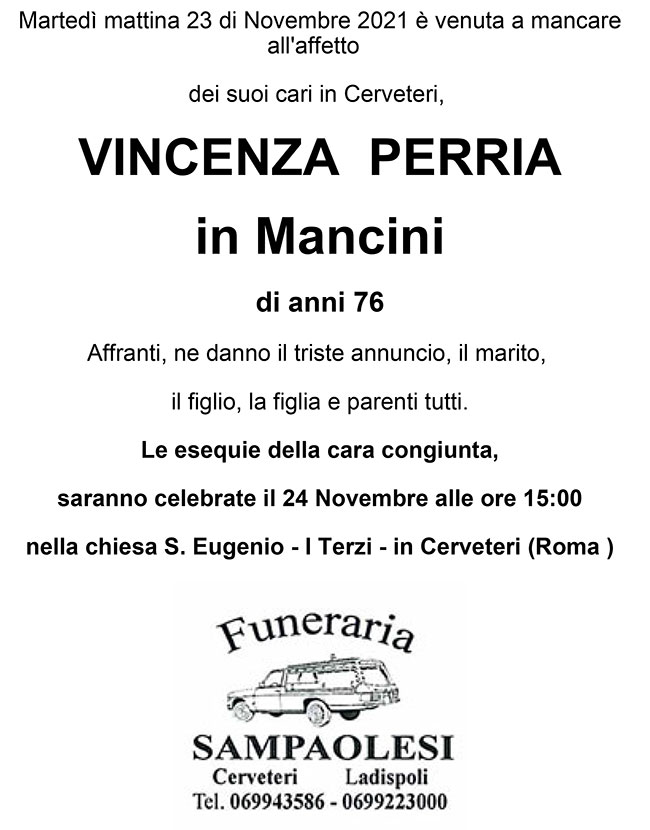 VINCENZA PERRIA in MANCINI di anni 76