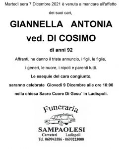 ANTONIA GIANNELLA ved. DI COSIMO di anni 92