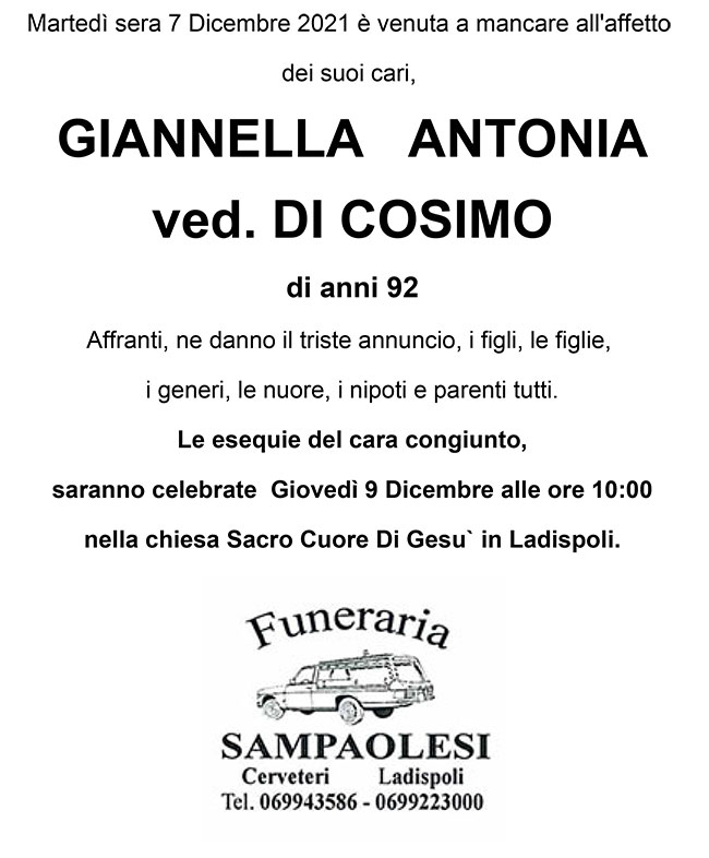 ANTONIA GIANNELLA ved. DI COSIMO di anni 92
