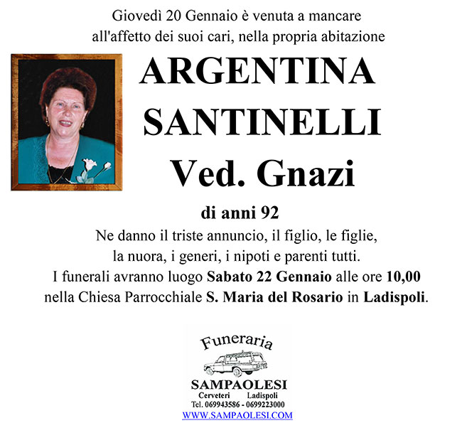ARGENTINA SANTINELLI ved. GNAZI di anni 92