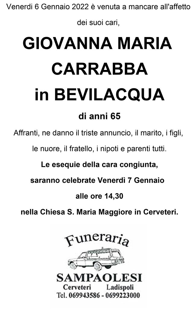 GIOVANNA MARIA CARRABBA in BEVILACQUA di anni 65