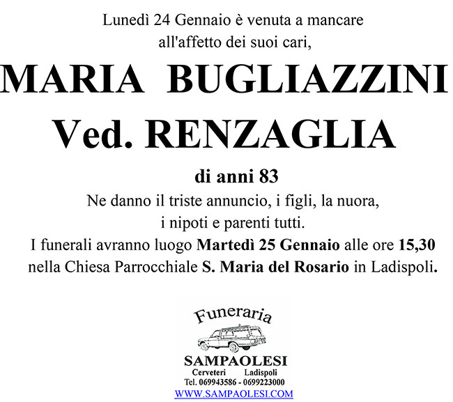 MARIA BUGLIAZZINI ved. RENZAGLIA di anni 83