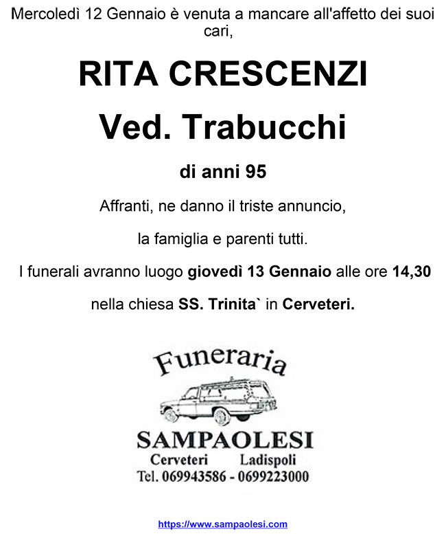 RITA CRESCENZI ved. TRABUCCHI di anni 95