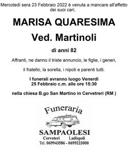 MARISA QUARESIMA ved. MARTINOLI di anni 82