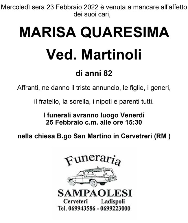 MARISA QUARESIMA ved. MARTINOLI di anni 82