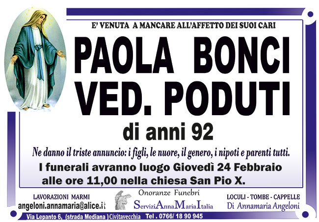 PAOLA BONCI ved. PODUTI di anni 92